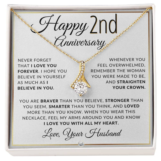 2nd Anniversary Gift - Elegant Drop Pendant Necklace + Heartfelt Message for Wife - Liliana and Liam