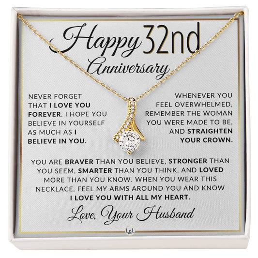 32nd Anniversary Gift - Elegant Drop Pendant Necklace + Heartfelt Message for Wife - Liliana and Liam