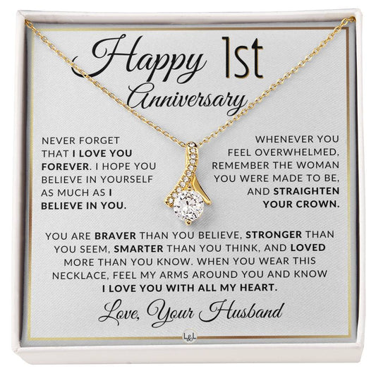 1st Anniversary Gift - Elegant Drop Pendant Necklace + Heartfelt Message for Wife - Liliana and Liam
