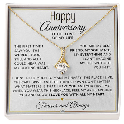 Anniversary Gift For Her - The World Stood Still - Anniversary Gift Idea For Wife, Girlfriend or Fiancée - Drop Pendant Necklace + Heartfelt Anniversary Message - Liliana and Liam