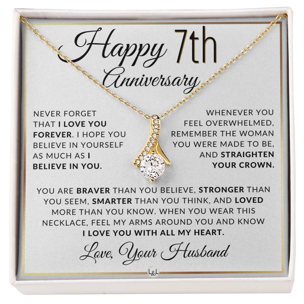 7th Anniversary Gift - Elegant Drop Pendant Necklace + Heartfelt Message for Wife - Liliana and Liam