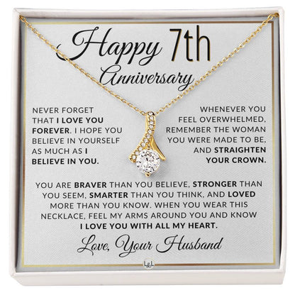 7th Anniversary Gift - Elegant Drop Pendant Necklace + Heartfelt Message for Wife - Liliana and Liam