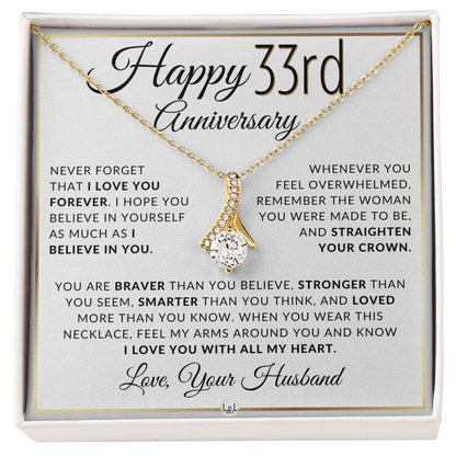 33rd Anniversary Gift - Elegant Drop Pendant Necklace + Heartfelt Message for Wife - Liliana and Liam