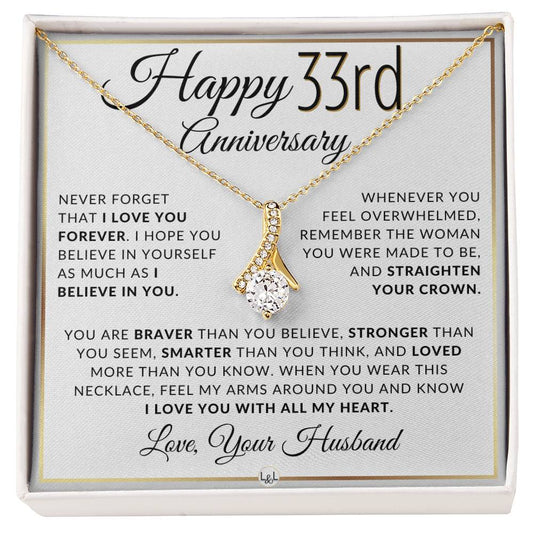 33rd Anniversary Gift - Elegant Drop Pendant Necklace + Heartfelt Message for Wife - Liliana and Liam