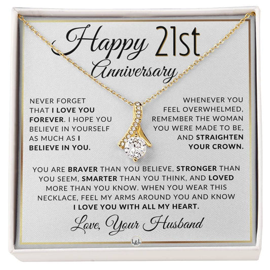 21st Anniversary Gift - Elegant Drop Pendant Necklace + Heartfelt Message for Wife - Liliana and Liam