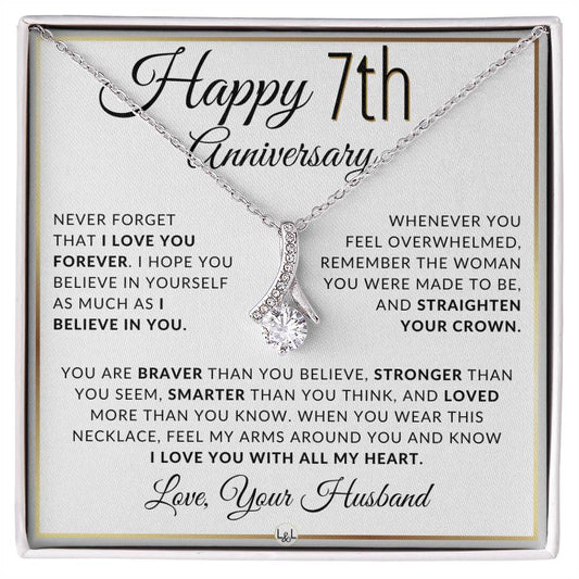 7th Anniversary Gift - Elegant Drop Pendant Necklace + Heartfelt Message for Wife - Liliana and Liam