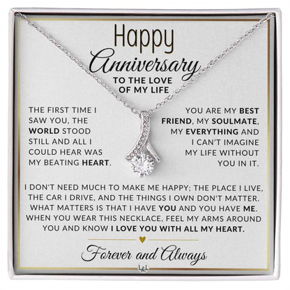 Anniversary Gift For Her - The World Stood Still - Anniversary Gift Idea For Wife, Girlfriend or Fiancée - Drop Pendant Necklace + Heartfelt Anniversary Message - Liliana and Liam