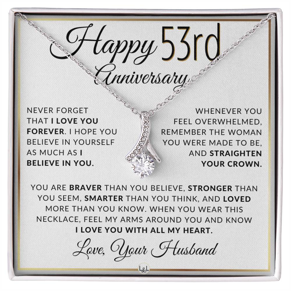 53rd Anniversary Gift - Elegant Drop Pendant Necklace + Heartfelt Message for Wife - Liliana and Liam