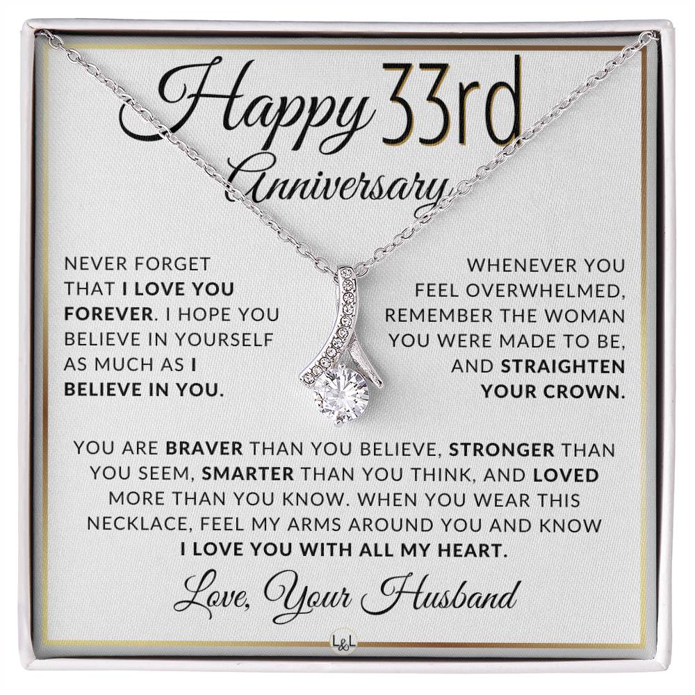 33rd Anniversary Gift - Elegant Drop Pendant Necklace + Heartfelt Message for Wife - Liliana and Liam