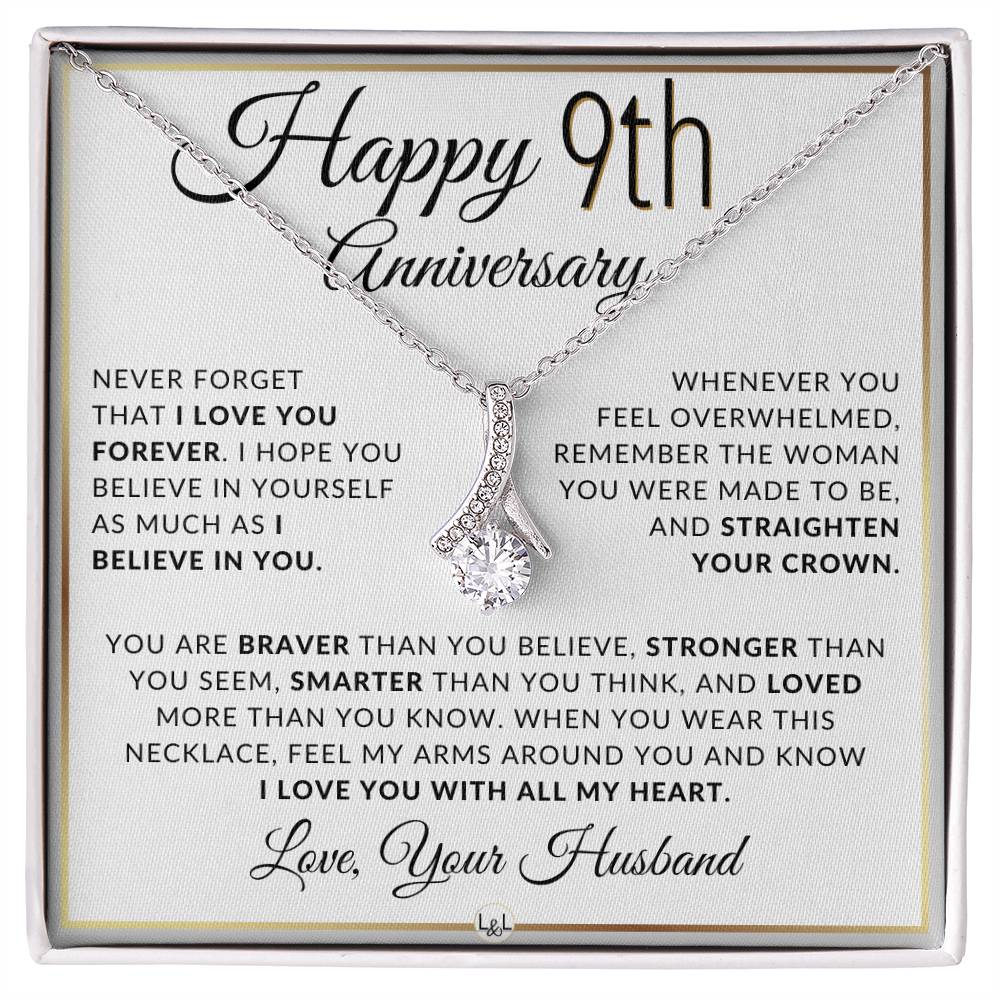 9th Anniversary Gift - Elegant Drop Pendant Necklace + Heartfelt Message for Wife - Liliana and Liam