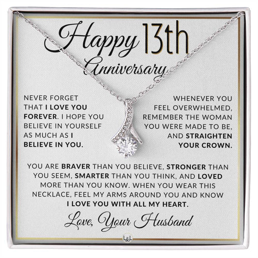 13th Anniversary Gift - Elegant Drop Pendant Necklace + Heartfelt Message for Wife - Liliana and Liam