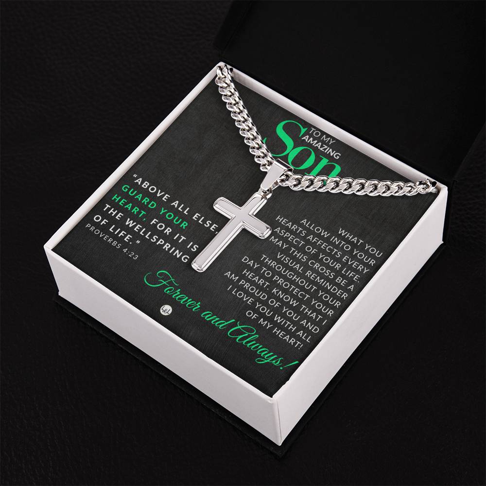 Son Gift - Proverbs 4:23 - Christian Encouragement - Christian Cross Pendant on Men's Chain Necklace - Great for Christmas, His Birthday, Baptism or Confirmation