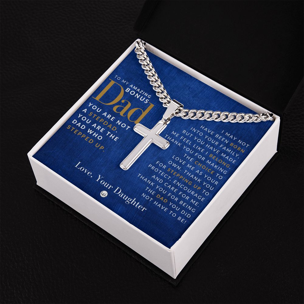 Gift For Bonus Dad, From Daughter - Men's Chain with Engravable Cross Necklace - Christian Jewelry For Dad For Father's Day, Christmas or His Birthday