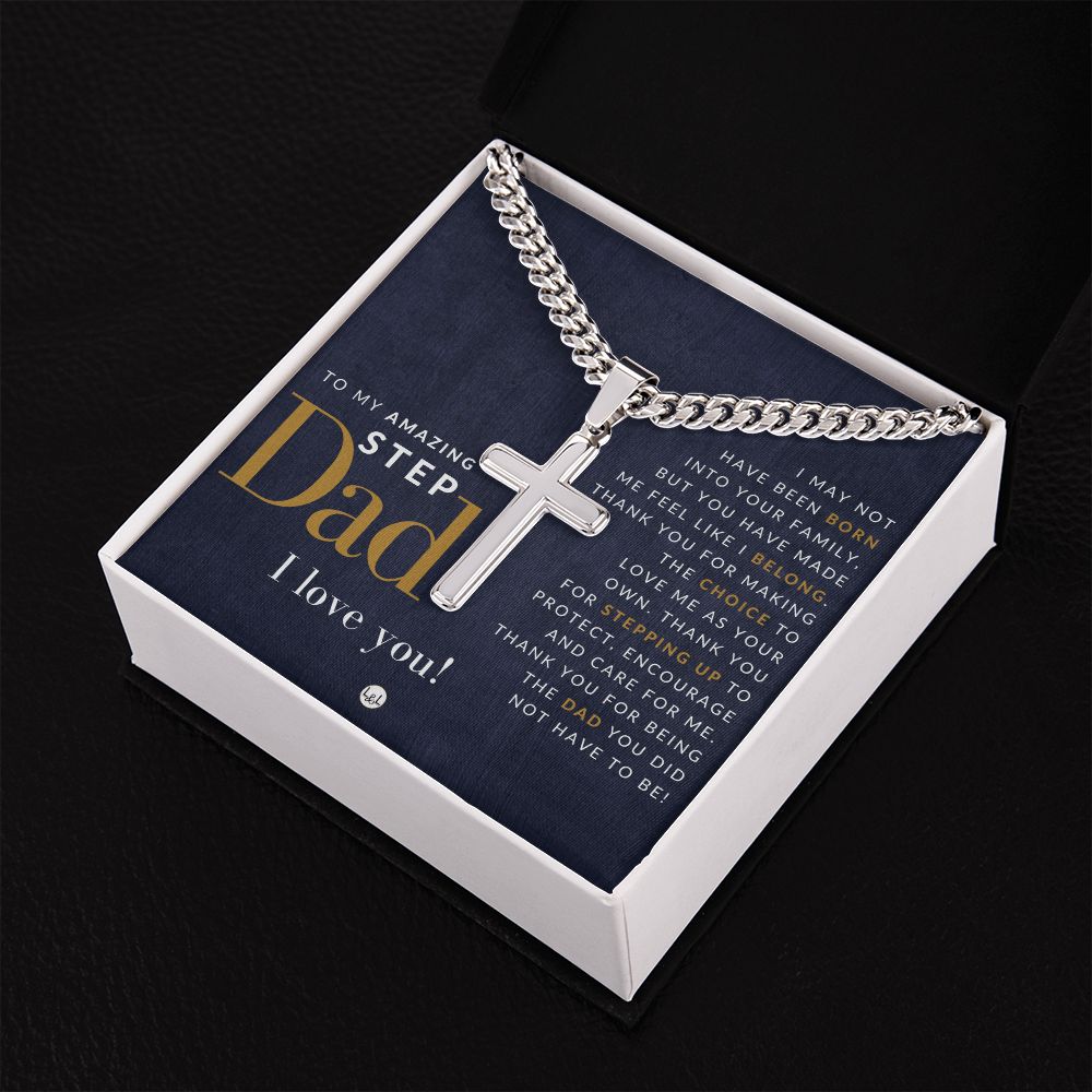 Step Dad Present - Step Dad Gift - Bonus Dad Gift - Cuban Chain with Artisan Cross Necklace - Christian Jewelry For Him For Father's Day, Christmas or His Birthday