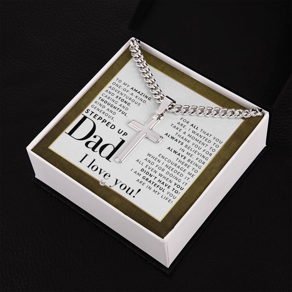 Gift For Stepped Up Dad - Step Dad Gift - Bonus Dad Gift - Cuban Chain with Artisan Cross Necklace - Christian Jewelry For Him For Father's Day, Christmas or His Birthday