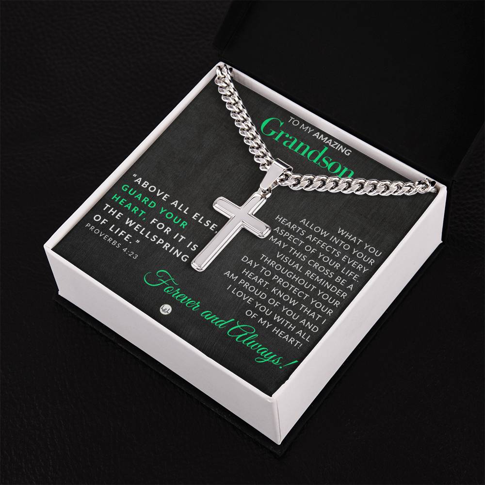 Grandson Gift - Proverbs 4:23 - Christian Encouragement - Christian Cross Pendant on Men's Chain Necklace - Great for Christmas, His Birthday, Baptism or Confirmation