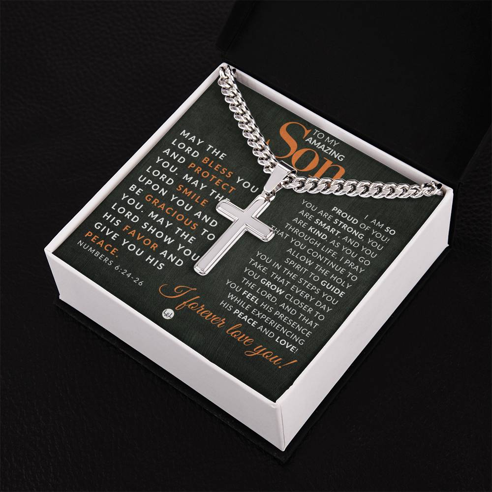 Son Gift - Numbers 6:24 - 26 - Christian Encouragement - Christian Cross Pendant on Men's Chain Necklace - Great for Christmas, His Birthday, Baptism or Confirmation