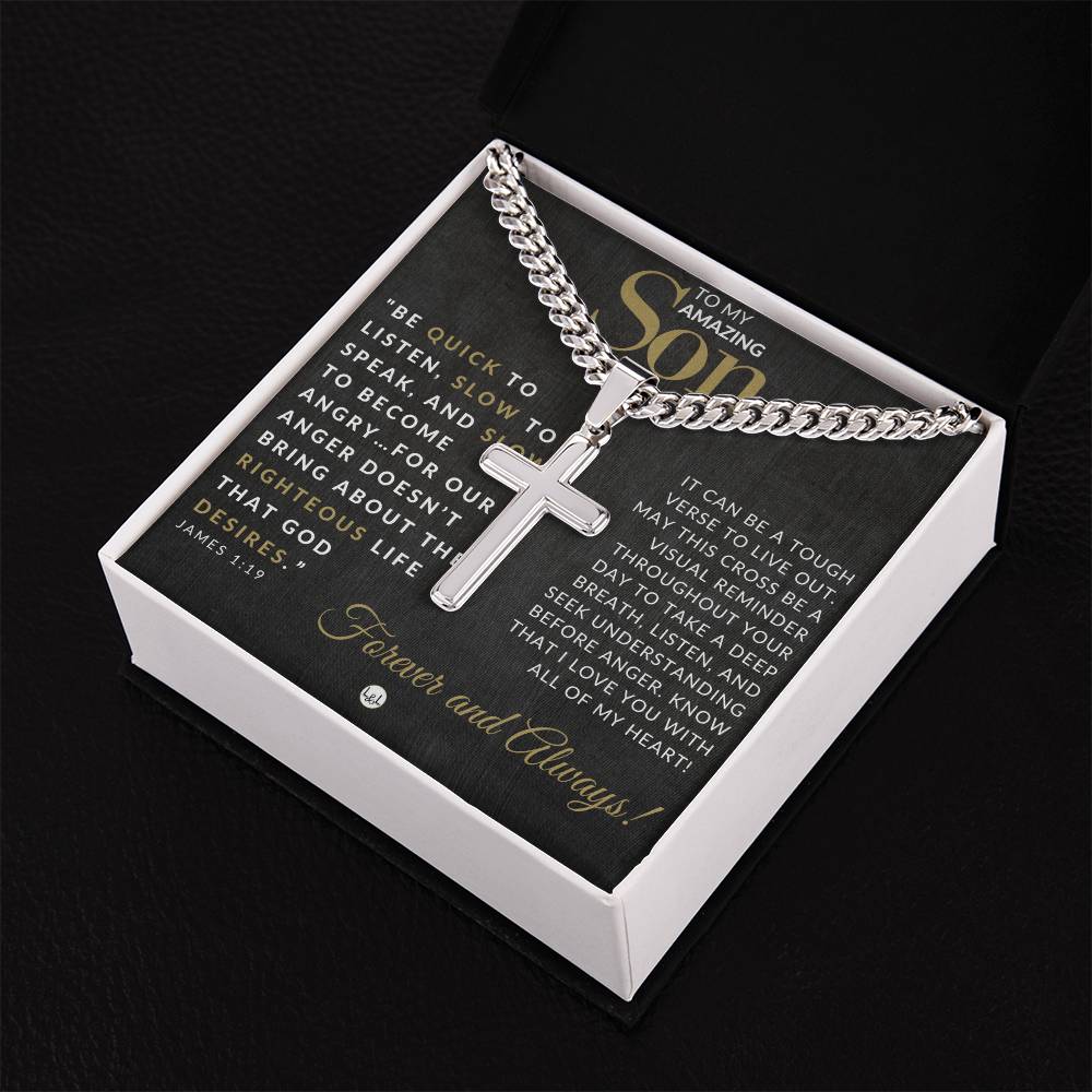 Son Gift - James 1:19 - Christian Encouragement - Christian Cross Pendant on Men's Chain Necklace - Great for Christmas, His Birthday, Baptism or Confirmation