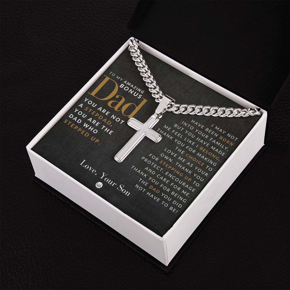 Gift For Bonus Dad, From Son - Men's Chain with Engravable Cross Necklace - Christian Jewelry For Dad For Father's Day, Christmas or His Birthday
