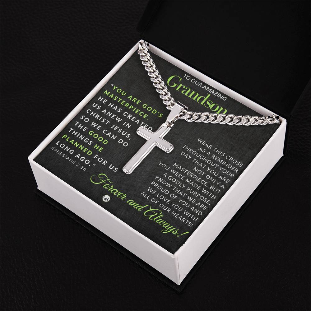 Gift For Our Grandson - Ephesians 2:10 - Christian Encouragement - Christian Cross Pendant on Men's Chain Necklace - Great for Christmas, His Birthday, Baptism or Confirmation