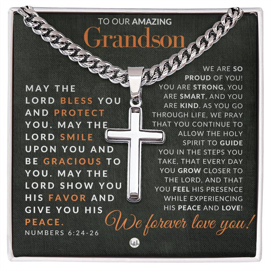 Gift For Our Grandson - Numbers 6:24-26 - Christian Encouragement - Christian Cross Pendant on Men's Chain Necklace - Great for Christmas, His Birthday,  Baptism or Confirmation