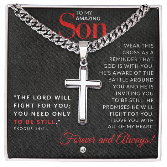 Son Gift - Exodus 14:14 - Christian Encouragement - Christian Cross Pendant on Men's Chain Necklace - Great for Christmas, His Birthday,  Baptism or Confirmation