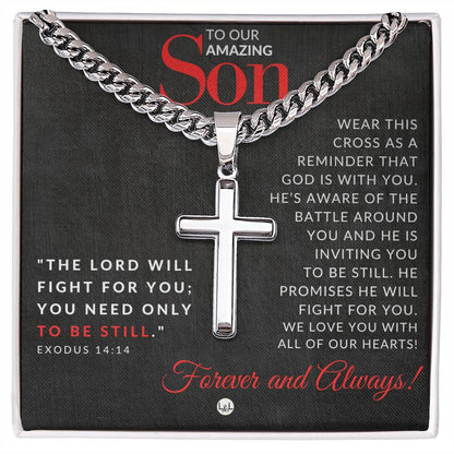 Exodus 14:14 - Christian Cross Pendant Necklace - Gift For Our Son - Liliana and Liam