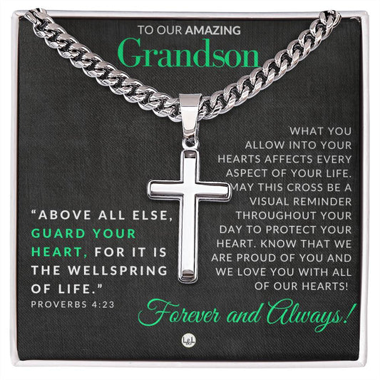 Gift For Our Grandson - Proverbs 4:23 - Christian Encouragement - Christian Cross Pendant on Men's Chain Necklace - Great for Christmas, His Birthday,  Baptism or Confirmation