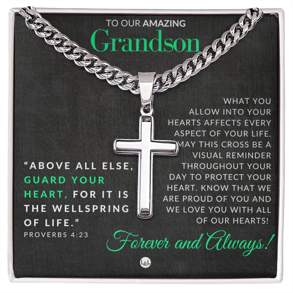 Proverbs 4:23 - Christian Cross Pendant Necklace - Gift For Our Grandson - Liliana and Liam