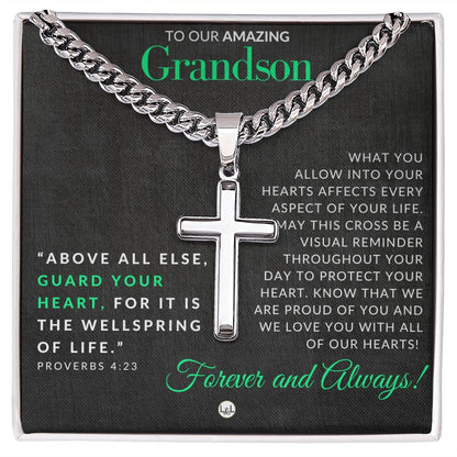 Proverbs 4:23 - Christian Cross Pendant Necklace - Gift For Our Grandson - Liliana and Liam