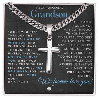 Isaiah 43:2 - 3 - Christian Cross Pendant Necklace - Gift For Our Grandson - Liliana and Liam