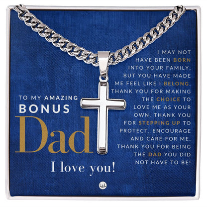 Bonus Dad - Engravable Christian Cross Necklace - Liliana and Liam