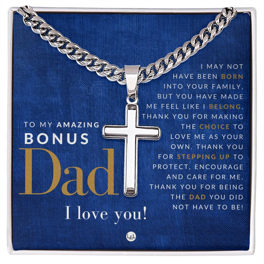 Gift For Bonus Dad - Men's Chain with Engravable Cross Necklace - Christian Jewelry For Dad For Father's Day, Christmas or His Birthday