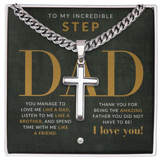 Step Dad Gift - Bonus Dad Gift - Cuban Chain with Artisan Cross Necklace - Christian Jewelry For Him For Father's Day, Christmas or His Birthday