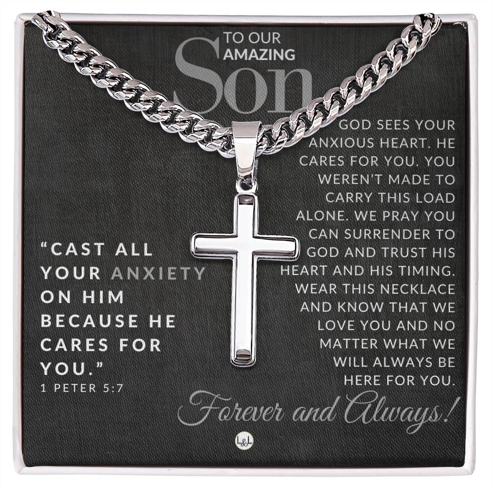 1 Peter 5:7 - Christian Cross Pendant Necklace - Gift For Our Son - Liliana and Liam