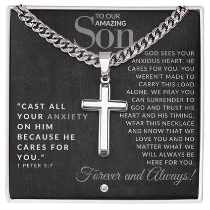 1 Peter 5:7 - Christian Cross Pendant Necklace - Gift For Our Son - Liliana and Liam