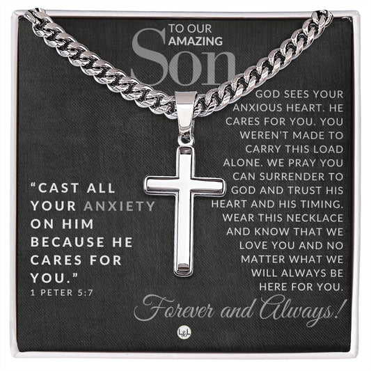 Gift For Our Son - 1 Peter 5:7 - Christian Encouragement - Christian Cross Pendant on Men's Chain Necklace - Great for Christmas, His Birthday,  Baptism or Confirmation