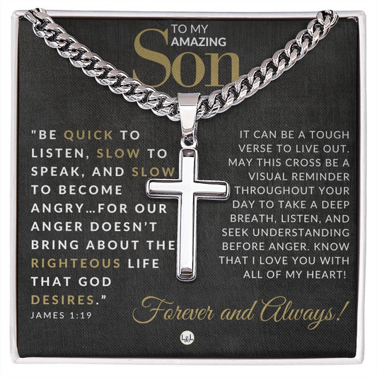 Son Gift - James 1:19 - Christian Encouragement - Christian Cross Pendant on Men's Chain Necklace - Great for Christmas, His Birthday,  Baptism or Confirmation