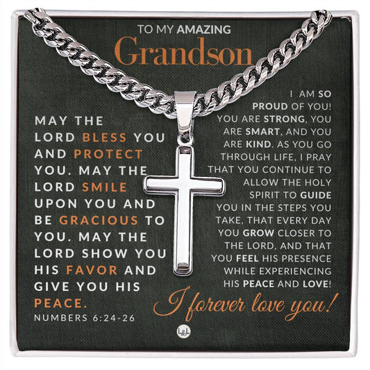 Grandson Gift - Numbers 6:24-26 - Christian Encouragement - Christian Cross Pendant on Men's Chain Necklace - Great for Christmas, His Birthday,  Baptism or Confirmation
