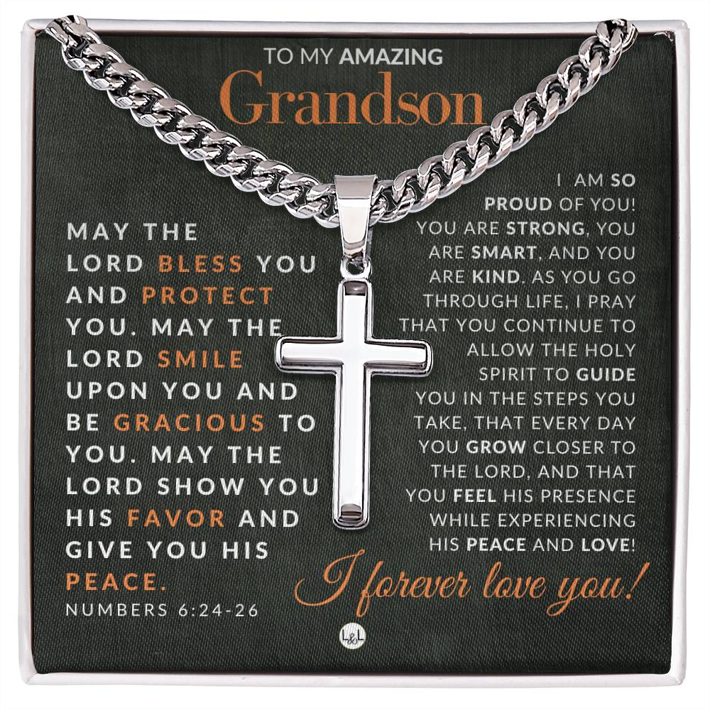 Numbers 6:24-26 - Christian Cross Pendant Necklace - Gift For Grandson - Liliana and Liam