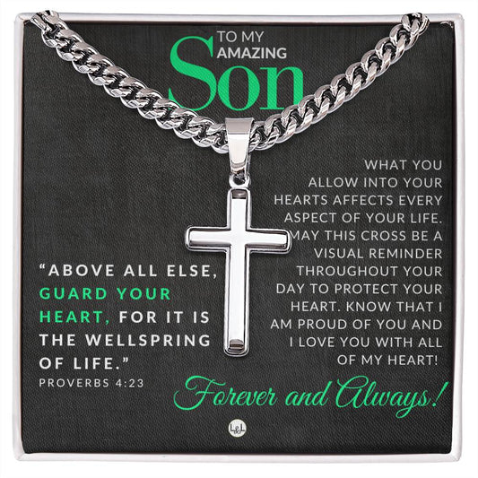 Son Gift - Proverbs 4:23 - Christian Encouragement - Christian Cross Pendant on Men's Chain Necklace - Great for Christmas, His Birthday,  Baptism or Confirmation