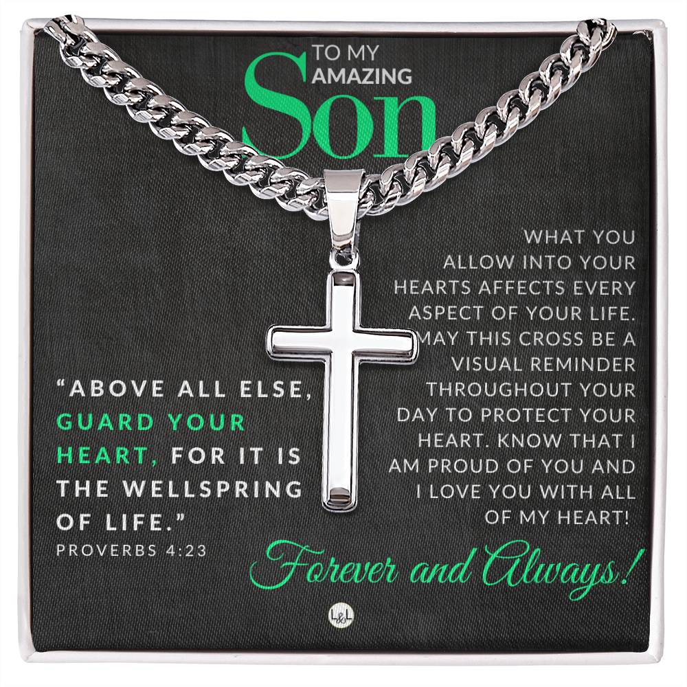 Son Gift - Proverbs 4:23 - Christian Encouragement - Christian Cross Pendant on Men's Chain Necklace - Great for Christmas, His Birthday, Baptism or Confirmation