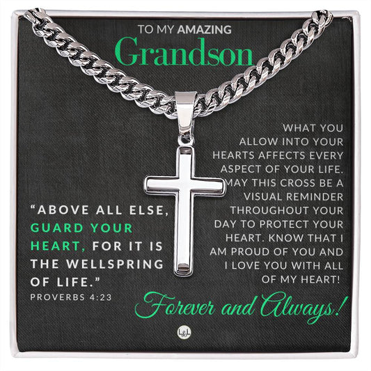 Grandson Gift - Proverbs 4:23 - Christian Encouragement - Christian Cross Pendant on Men's Chain Necklace - Great for Christmas, His Birthday,  Baptism or Confirmation