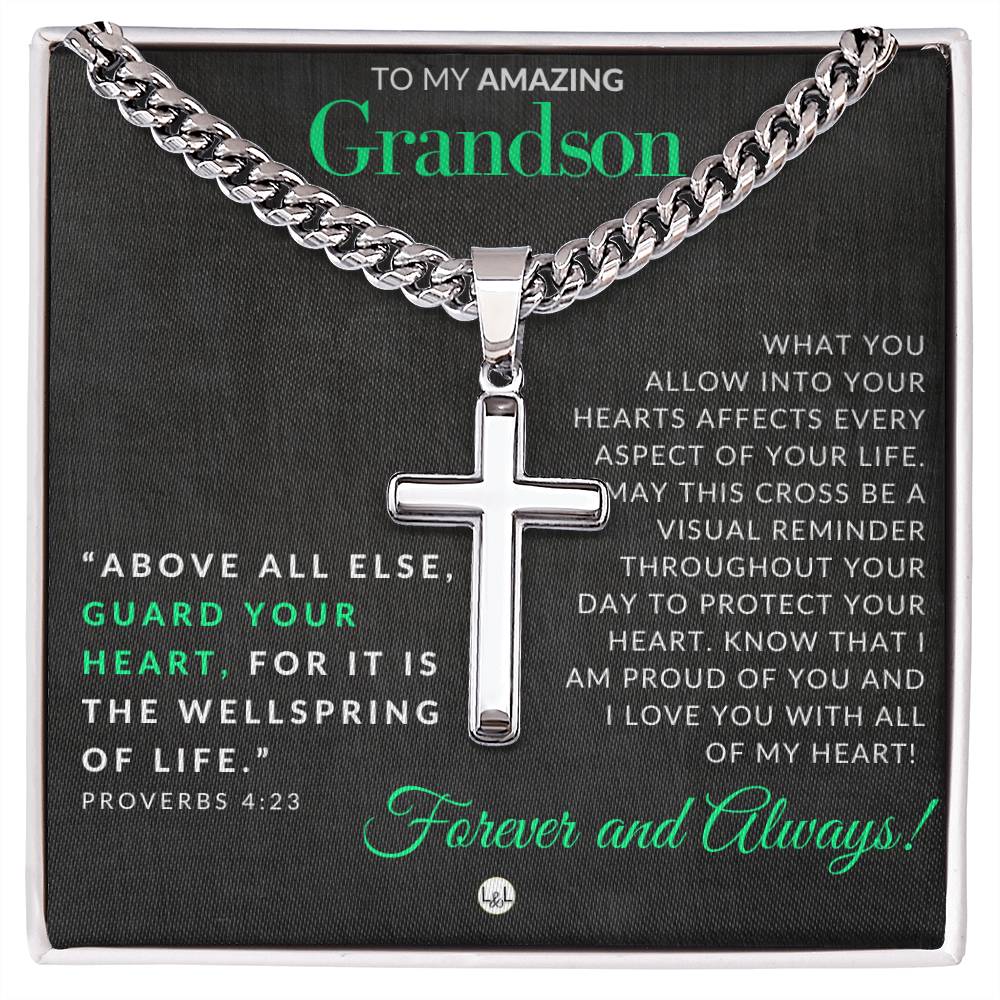 Grandson Gift - Proverbs 4:23 - Christian Encouragement - Christian Cross Pendant on Men's Chain Necklace - Great for Christmas, His Birthday, Baptism or Confirmation
