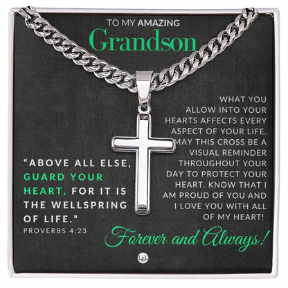 Proverbs 4:23 - Christian Cross Pendant Necklace - Gift For Grandson - Liliana and Liam