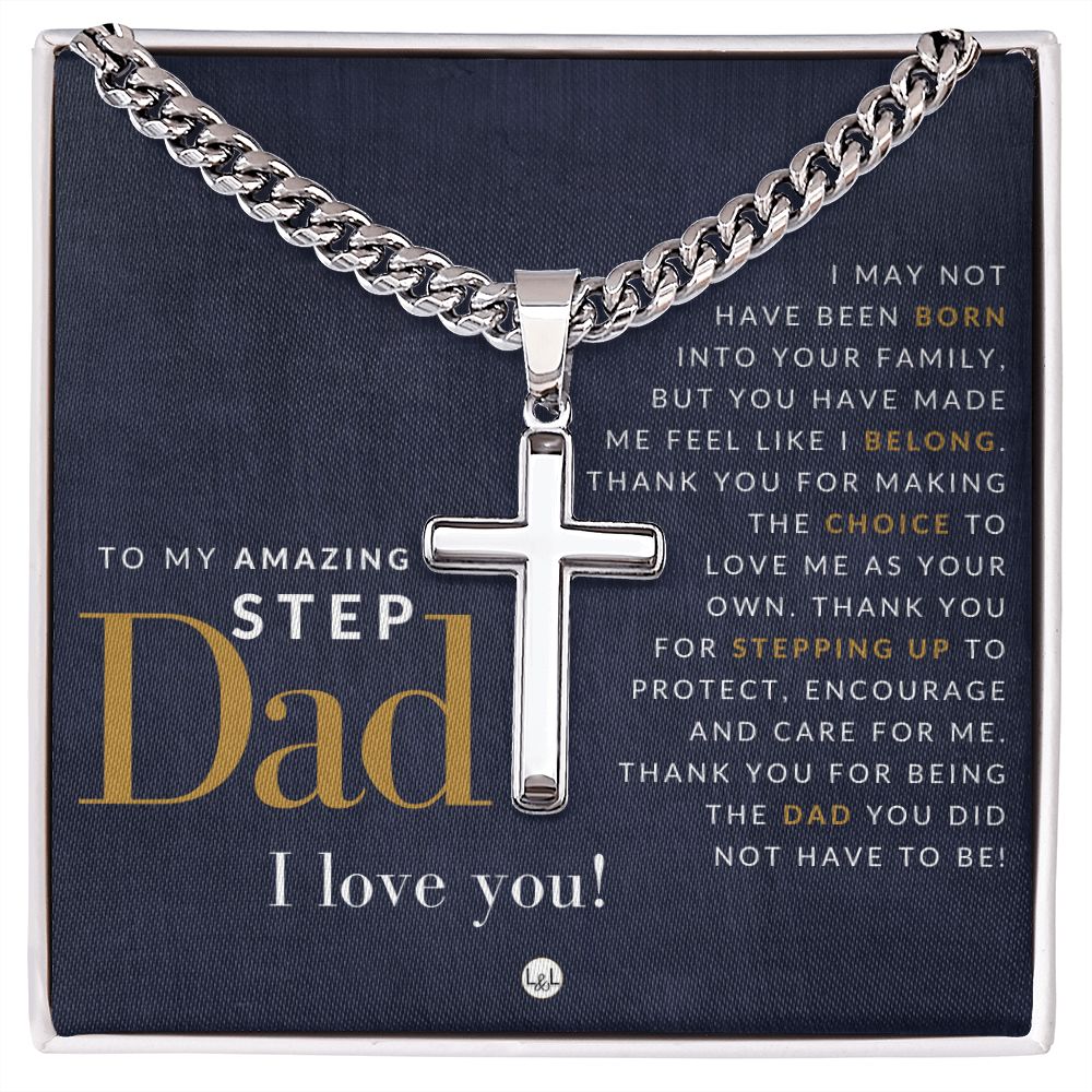 Step Dad Present - Step Dad Gift - Bonus Dad Gift - Cuban Chain with Artisan Cross Necklace - Christian Jewelry For Him For Father's Day, Christmas or His Birthday