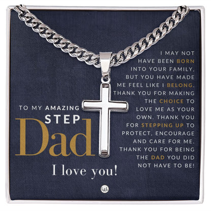 Step Dad - Cuban Chain with Artisan Cross Necklace - Gift for Step (Bonus) Dad - Liliana and Liam