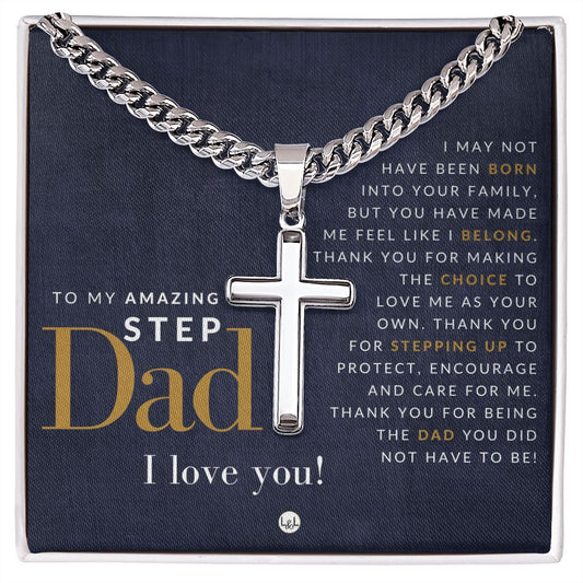 Step Dad Present-  Step Dad Gift - Bonus Dad Gift - Cuban Chain with Artisan Cross Necklace - Christian Jewelry For Him For Father's Day, Christmas or His Birthday