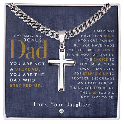 Bonus Dad, From Daughter - Cuban Chain with Artisan Cross Necklace - Gift for Step (Bonus) Dad - Liliana and Liam