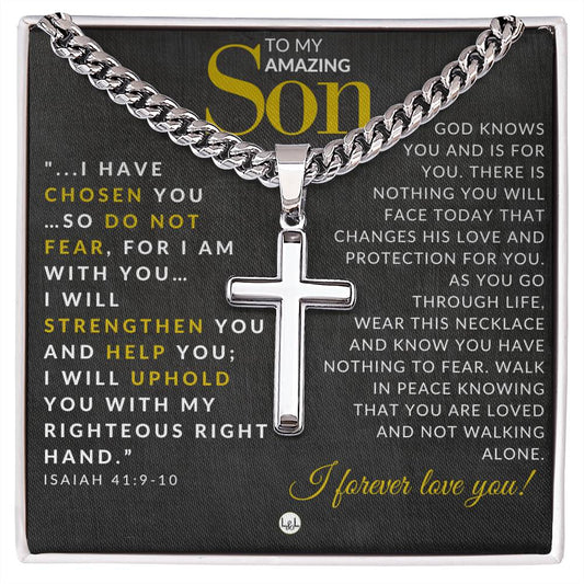 Son Gift - Isaiah 41:9-10 - Christian Encouragement - Christian Cross Pendant on Men's Chain Necklace - Great for Christmas, His Birthday,  Baptism or Confirmation